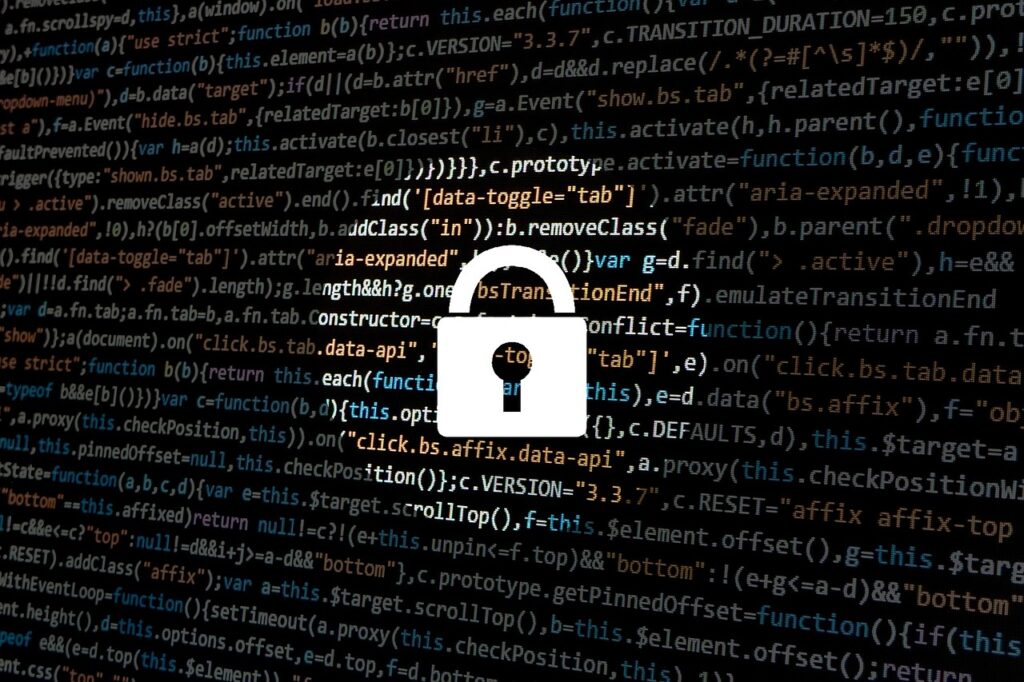cybersecurity symbol of white lock on code background